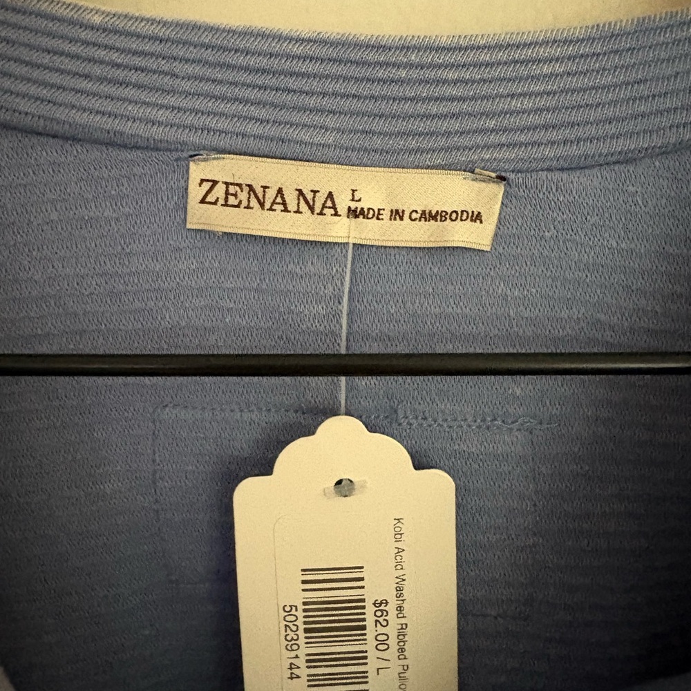 Zenana Light Blue Washed Rib Crewneck Sweatshirt Boho Chic Women’s Large NWT - Picture 3 of 6